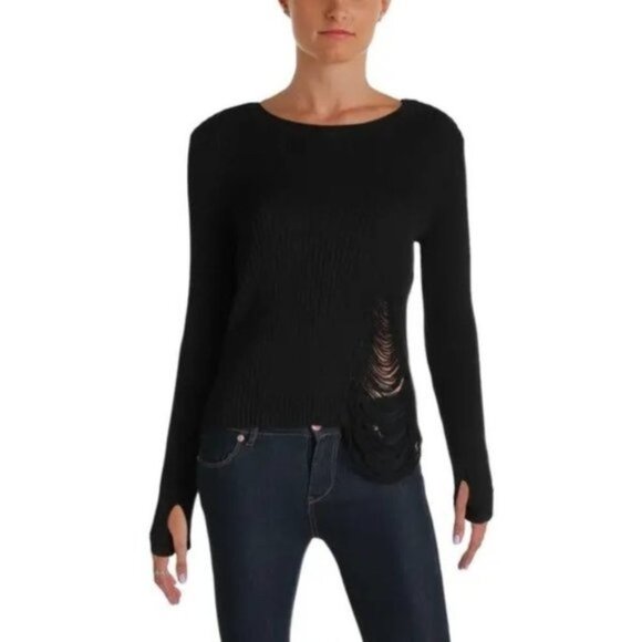 Revolve One Grey Day Robert Sweater Cropped Shredded Knit Crewneck Cotton Black - Picture 2 of 16